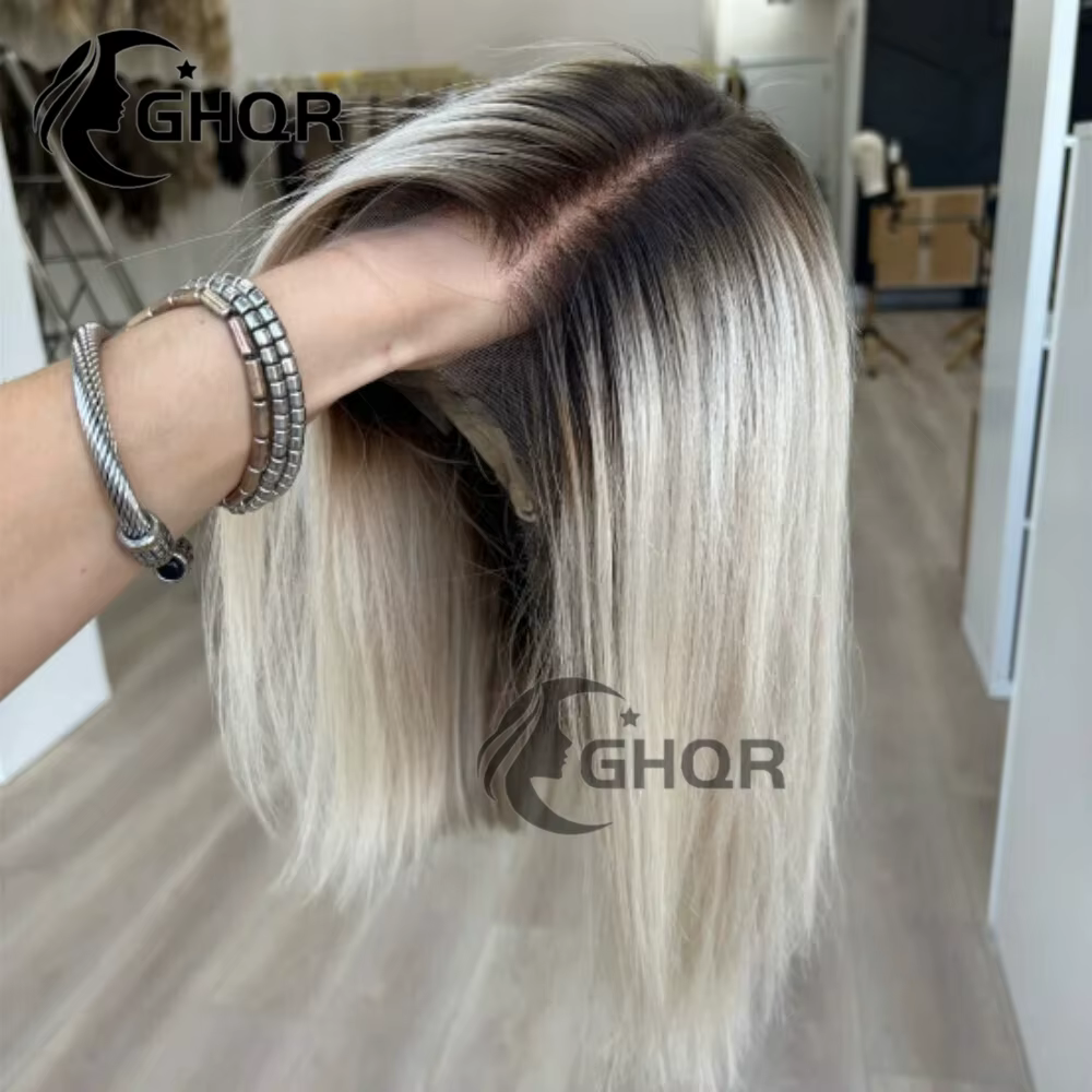 Perruques de cheveux humains Bob blond platine racines foncées dentelle transparente avant couleur d