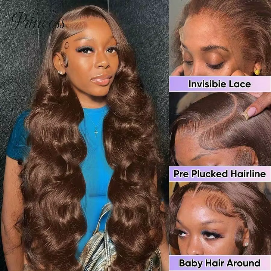 Perruque Lace Front Wig Body Wave brun chocolat, cheveux naturels, densité 220, 30 pouces, 13x6, HD,