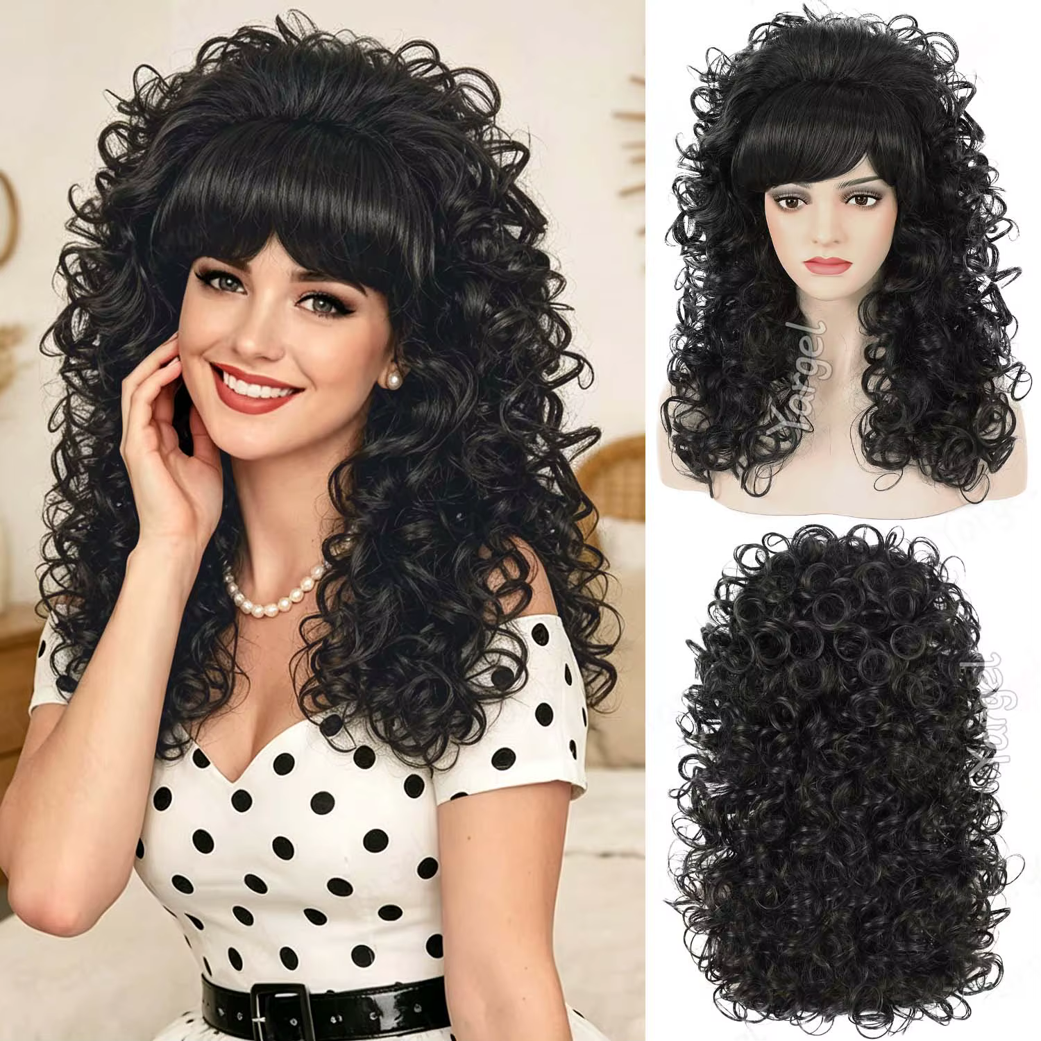 Perruque synthétique longue bouclée avec frange pour femmes, style rétro années 60, 70, 80, grande p