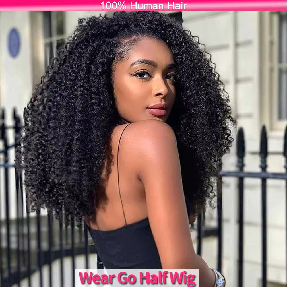 Demi-perruque cheveux humains crépus bouclés 3 en 1 perruque de cheveux humains sans couture rabat s