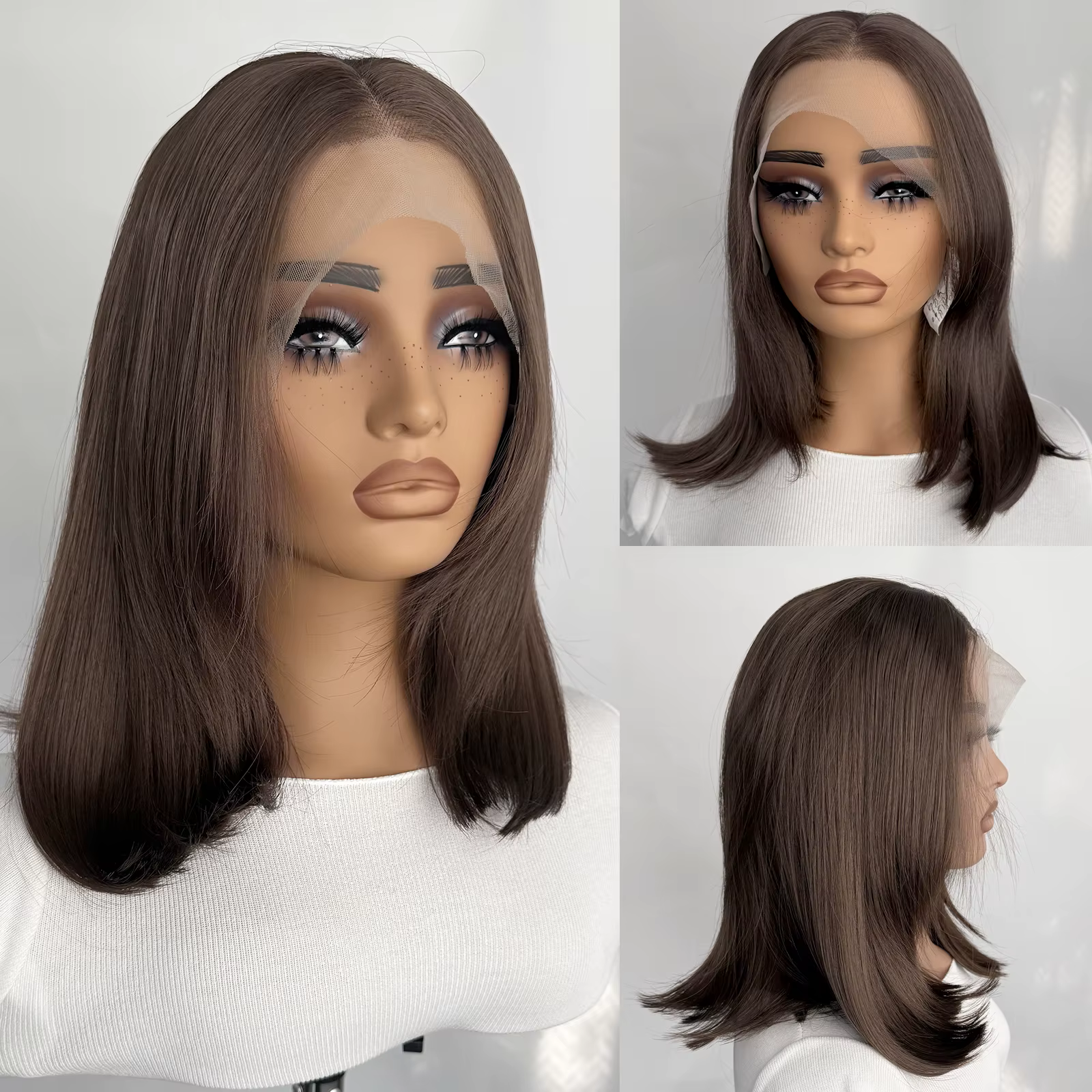 Perruque Bob Lace Front Wig synthétique courte et lisse, coupe superposée, 13x4, naissance des cheve