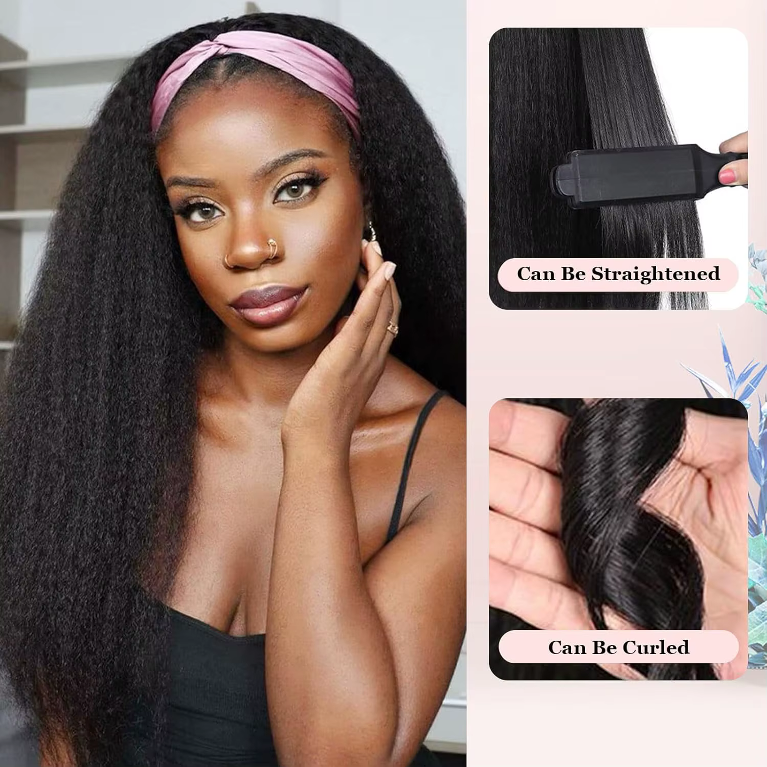 Perruques de cheveux longs et crépus lisses pour femmes noires, perruque bandeau synthétique, demi-p