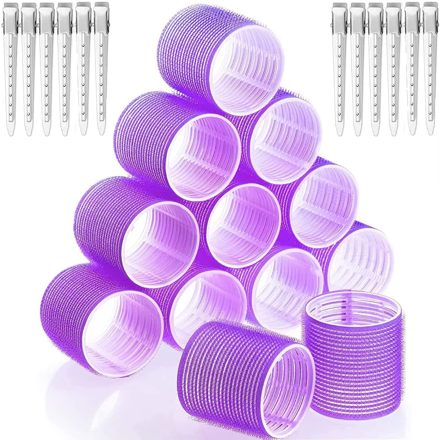 Ensemble de bigoudis 12 rouleaux jumbo auto-agrippants de 64 mm et 12 pinces à bec de canard - Outil