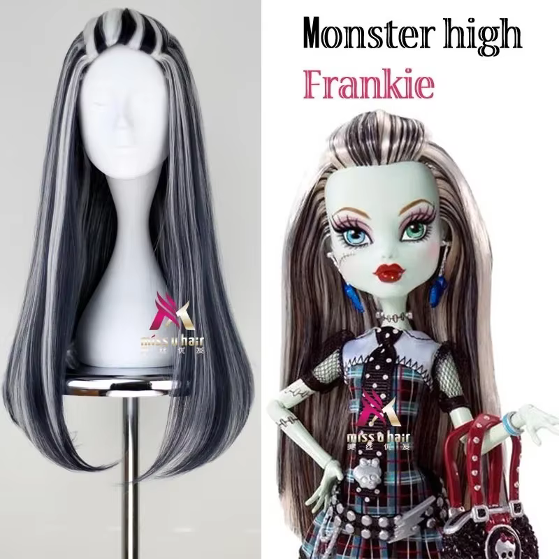 Perruque de Cosplay Synthétique Frankie Monster High, Bonnet Ultraviolette, Mélange Noir et Blanc, i