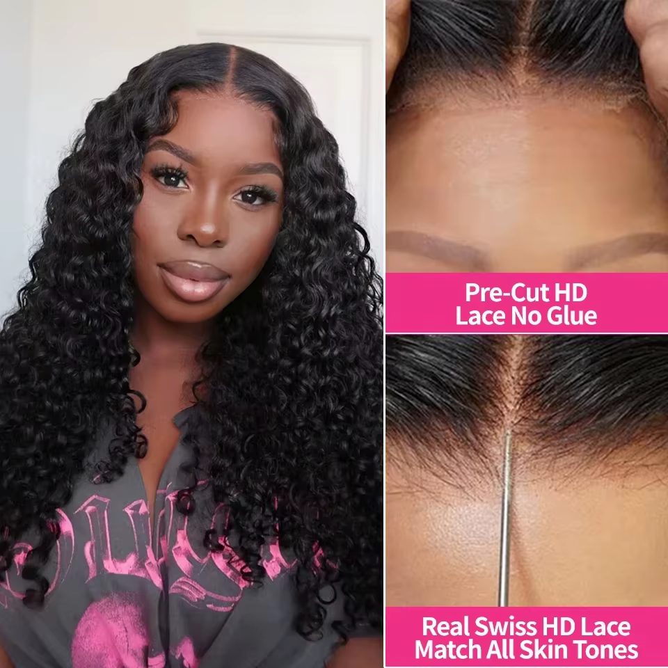 Perruque Lace Front Wig sans colle bouclée 4x4 5x5, couleur naturelle, Deep Wave, pre-coupée, brésil
