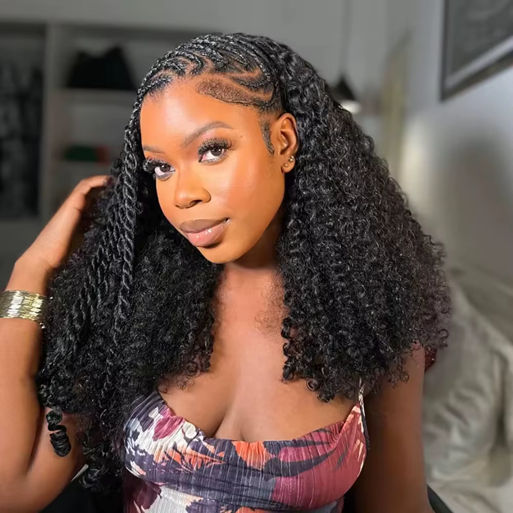 Demi-perruque de cheveux humains 3 en 1, sans colle, avec cordon de serrage, bandeau crépu et bouclé