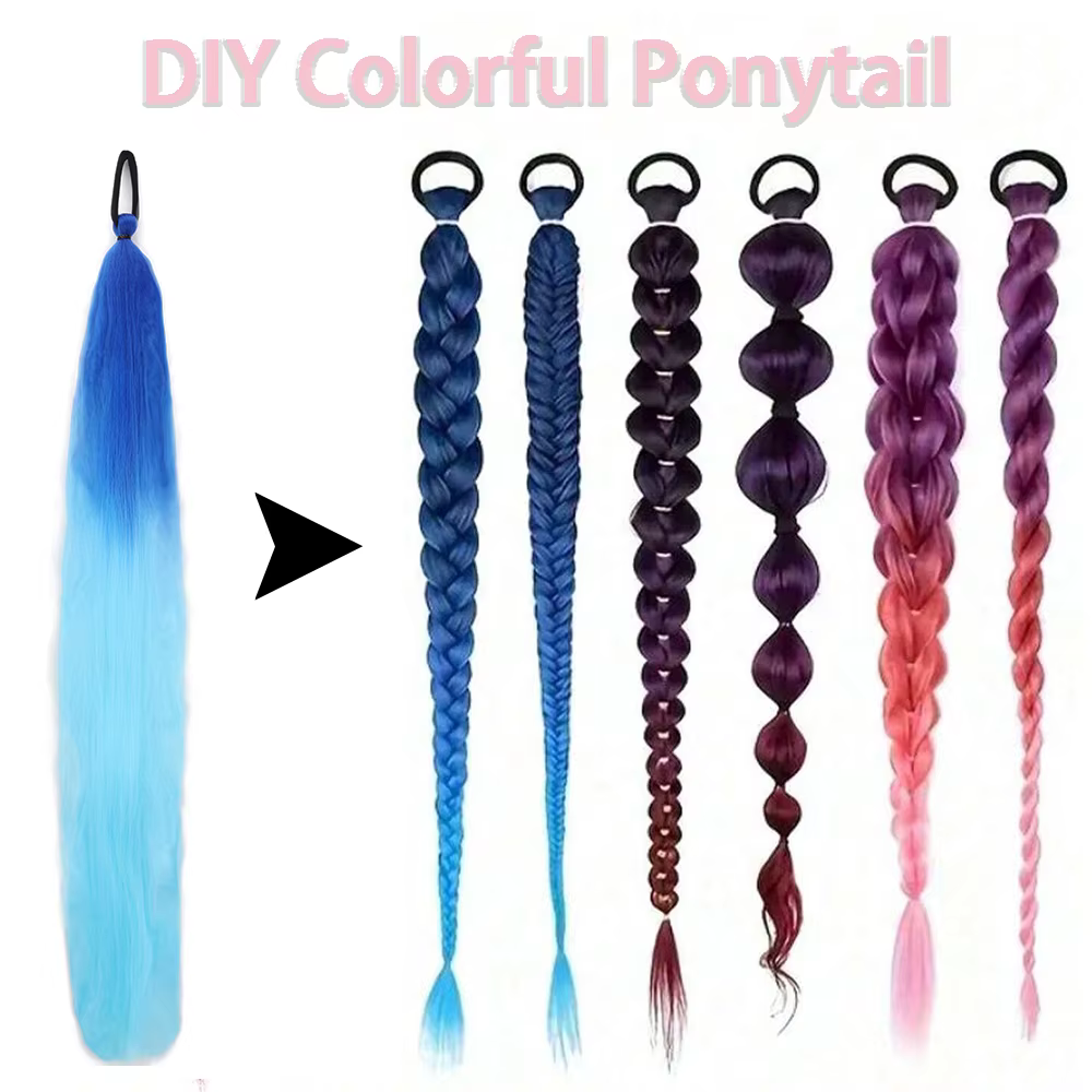 Queue de cheval droite synthétique avec cheveux élastiques, tressage coloré, extensions de cheveux,