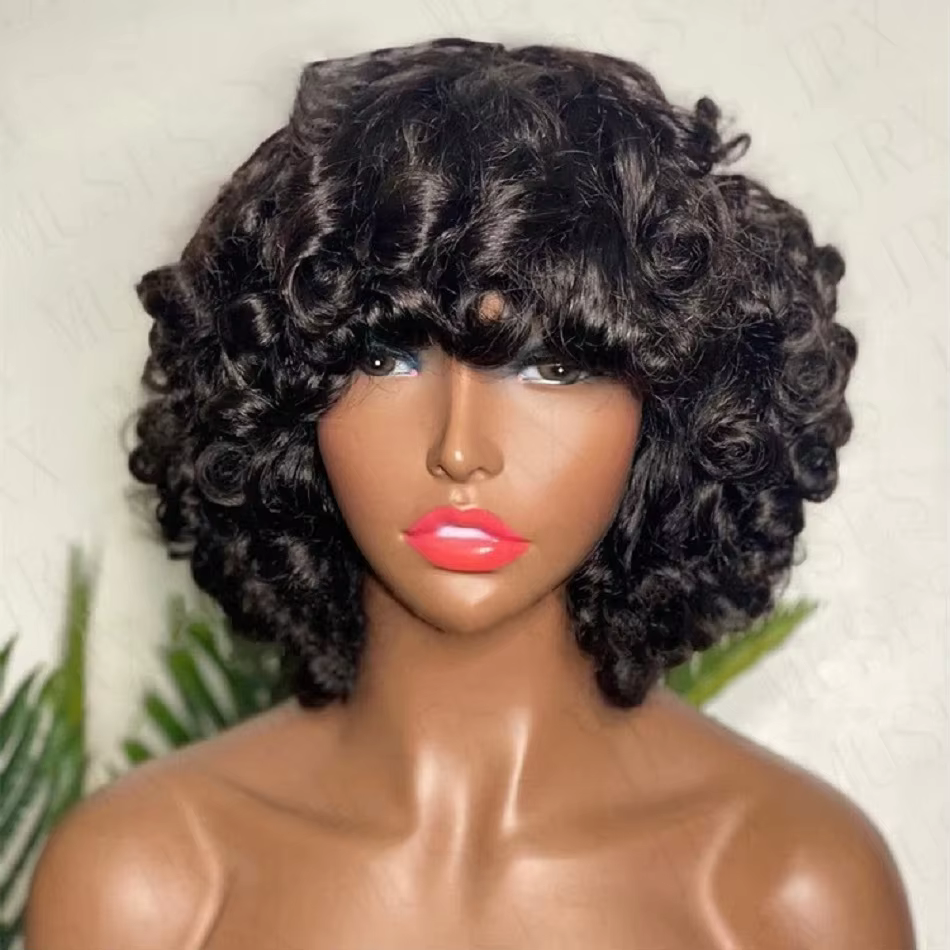 Funmi – perruque Bob courte et ample pour femmes, cheveux 100% naturels, frange complète bouclée et 