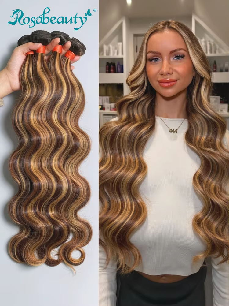 Extensions de cheveux humains brésiliens 4/27, lots de cheveux ondulés blond miel, mèches blondes, t