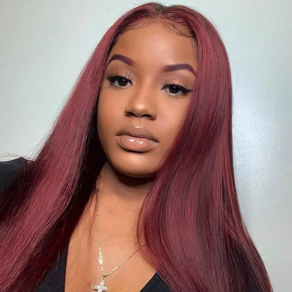 Perruque Lace Front Wig naturelle lisse-Tuneful, Sophia, cheveux humains, couleur bordeaux 99J, 13x6