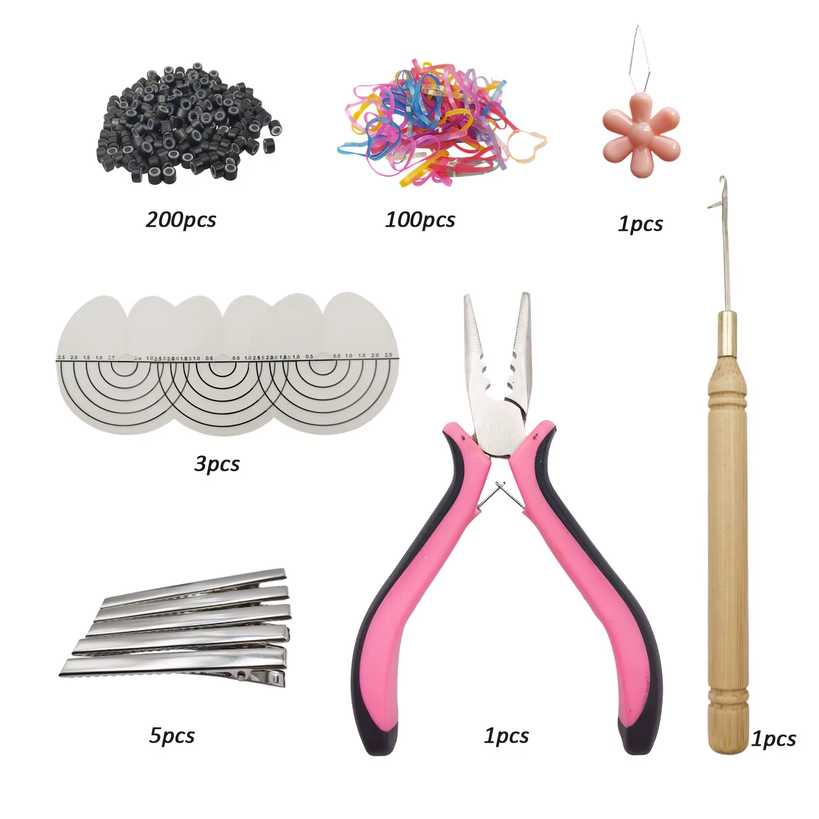 Kit d'outils pour extensions de cheveux avec pince à 3 trous, 200 micro-perles doublées de silicone,
