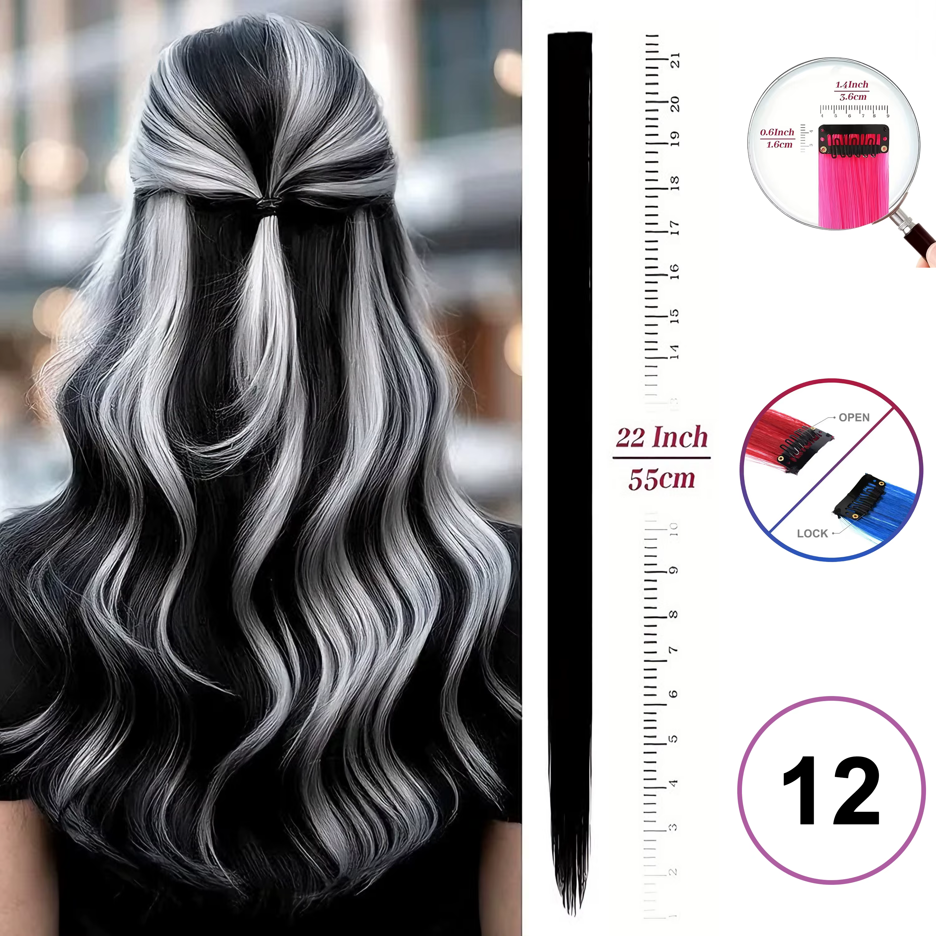 Extensions de cheveux synthétiques à clips de 22 pouces, postiches colorées à reflets longs et lisse