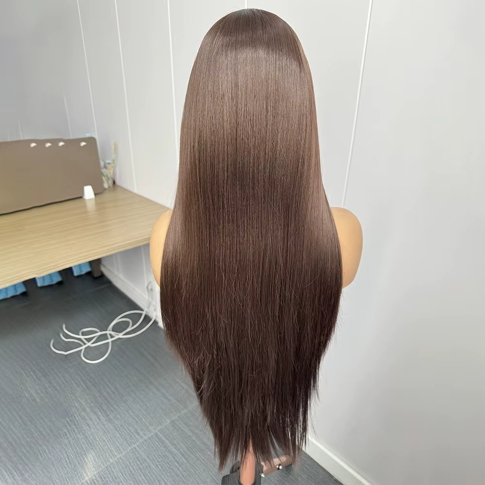Perruque Lace Front Wig synthétique brune longue et lisse pour femmes, cheveux bruns, brun chocolat