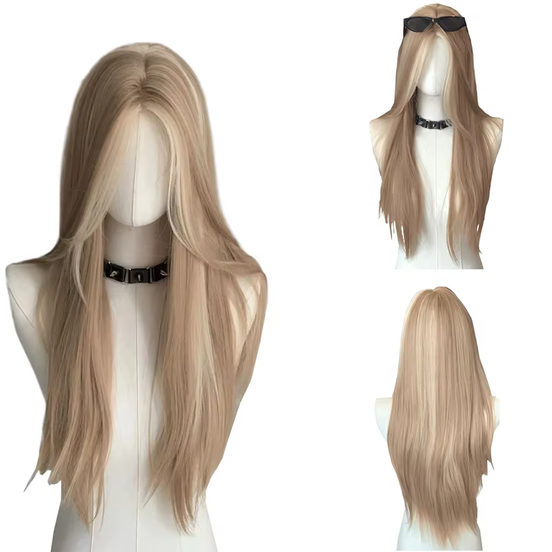 Perruque Lace Front Wig synthétique lisse de 24 pouces, à reflets brun doré, adaptée aux fêtes quoti