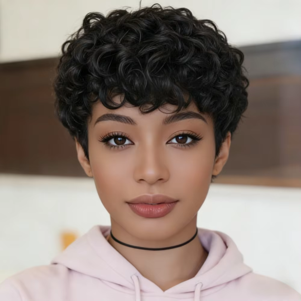 Perruque courte afro bouclée naturelle pour femme, coupe pixie avec frange, entièrement fabriquée à