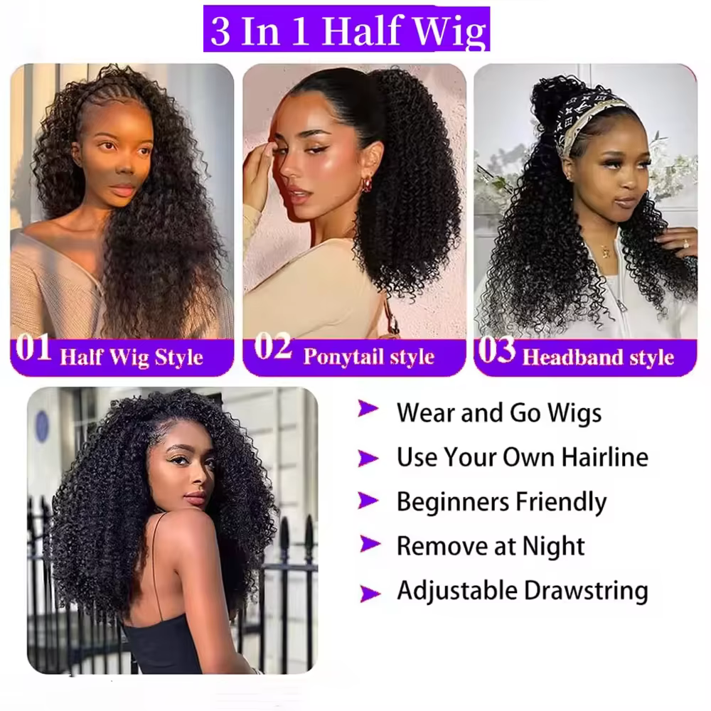 16 pouces bouclés demi perruque cheveux humains 3 en 1 sans couture rabat sur demi perruque cheveux