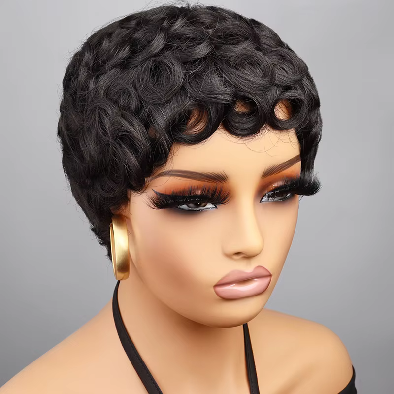 613 miel blond bouclés coupe lutin perruque 100% cheveux humains avec frange courte bouclés perruque