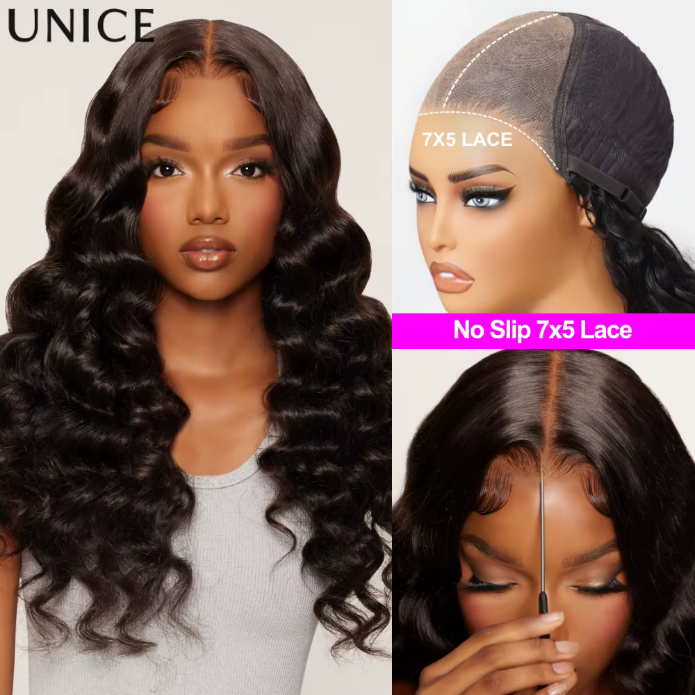 Perruque ondulée UNice 100% cheveux humains, perruque sans colle en dentelle 7x5 et 13x4