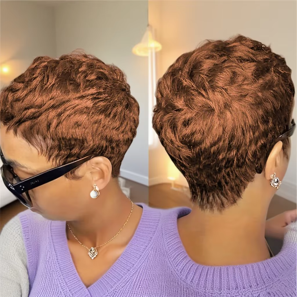Perruque courte coupe lutin avec frange cheveux humains 180 densité pour les femmes perruque faite à
