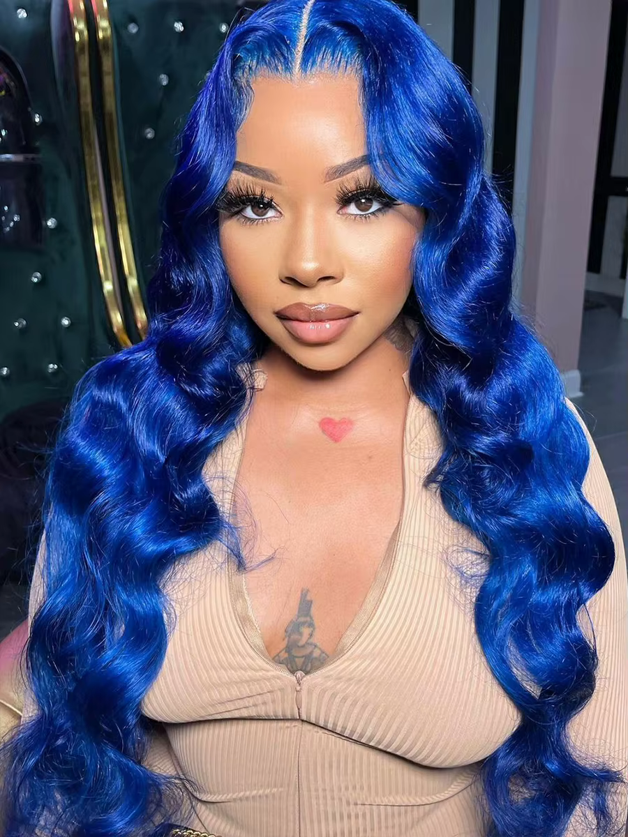 Perruque Brésilienne Naturelle de Cheveux Humains Ondulés, Couleur Bleue, 13x4, Transparent HD, Pre-