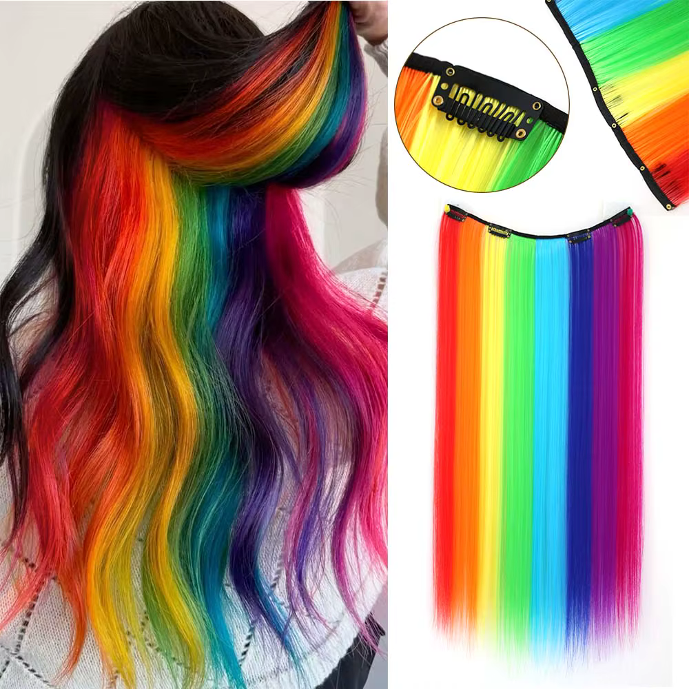 Extensions capillaires synthétiques longues à clips arc-en-ciel de 22 pouces, 4 clips invisibles en 
