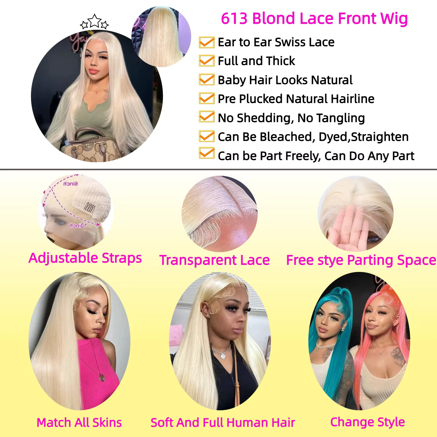 Perruque Lace Frontale Droite Blond 613 Densité 200 Cheveux Humains 30-36 Pouces 13x4 13x6 HD Transp
