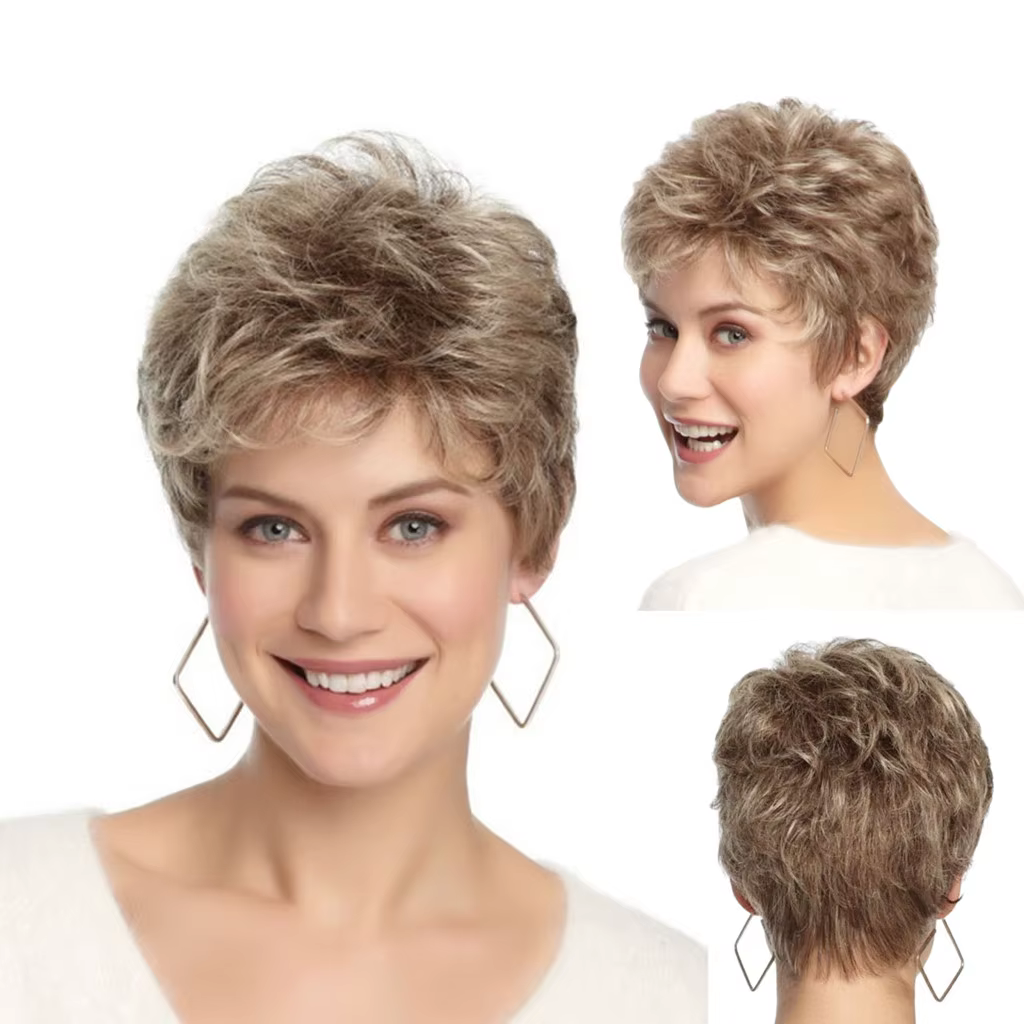 Perruques pour femmes perruque de cheveux synthétiques courts dorés naturels avec frange moelleuse A