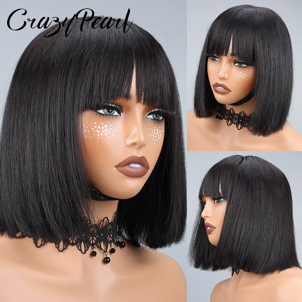 Perruque Lace Front CrazyPearl 1X13, perruque courte droite style bob, cheveux humains, pour femmes