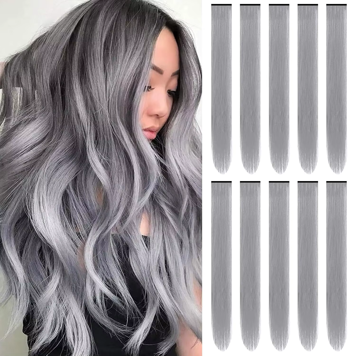 Extensions capillaires synthétiques noires longues et lisses, 10 pièces, postiches à reflets colorés