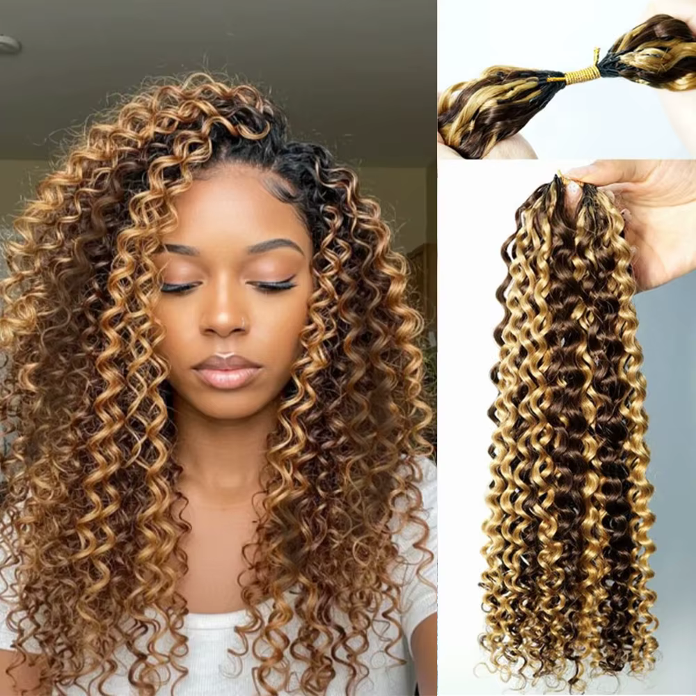 Extensions de cheveux humains bouclés Jerry, marron foncé et blond, pour tressage au crochet sans nœ