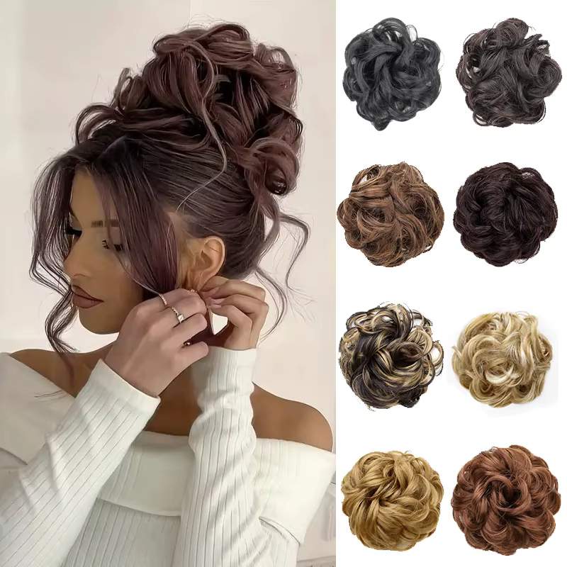 Chignon synthétique en désordre, Extension capillaire courte bouclée et moelleuse, bande élastique e
