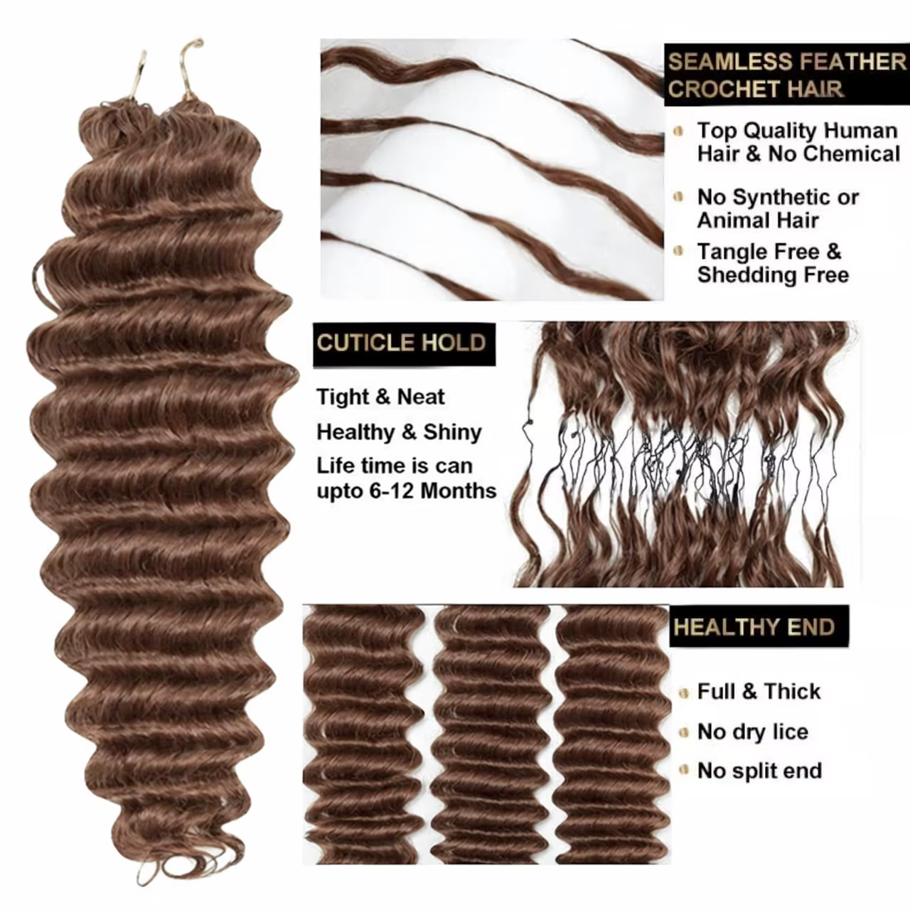 Chocolate Brown Crochet Human Hair Afro Kinky Burmese Curly Knotless Pre-Separated Crochet Feather H