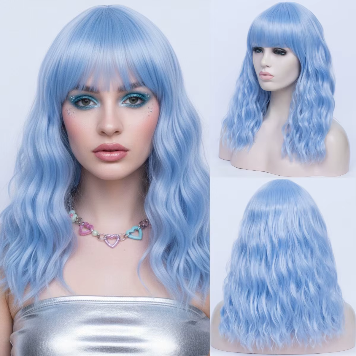 Perruque synthétique bleue longue et bouclée pour femmes, avec frange, résistante à la chaleur, pour