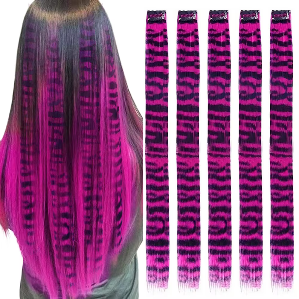Extensions capillaires synthétiques imprimées à rayures à clipser, longues et lisses, colorées, pour