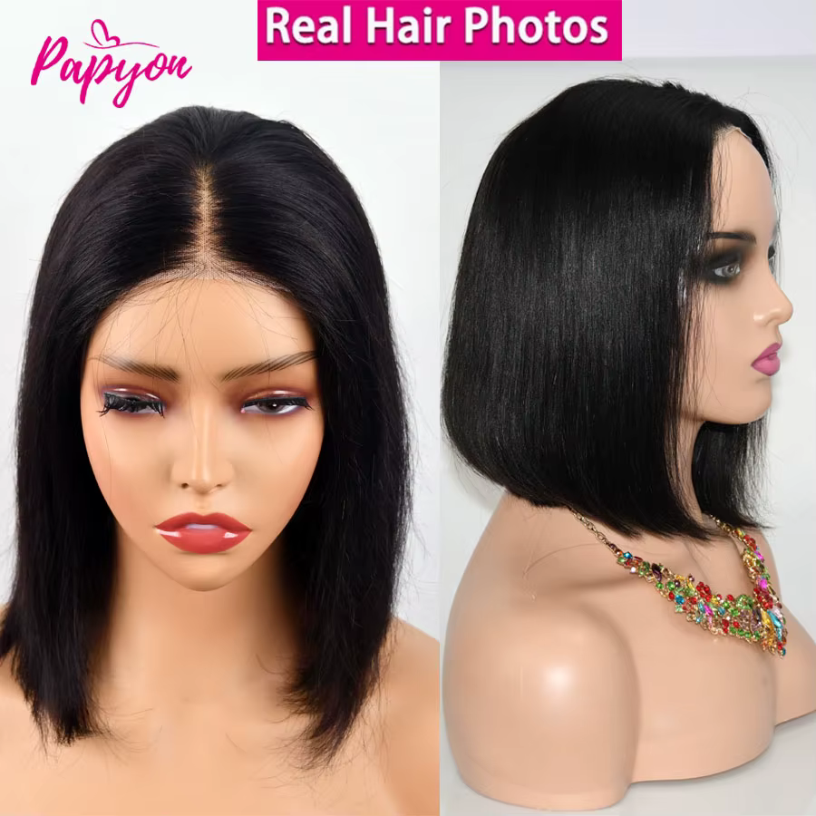 Perruques courtes Bob cordon élastiq Droites Sans Colle Prêtes Porter Perruques de Cheveux Humains
