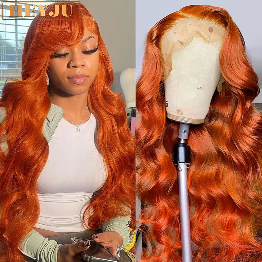 Perruque Lace Frontal Wig Body Wave brésilienne naturelle, cheveux humains, couleur Orange gingembre
