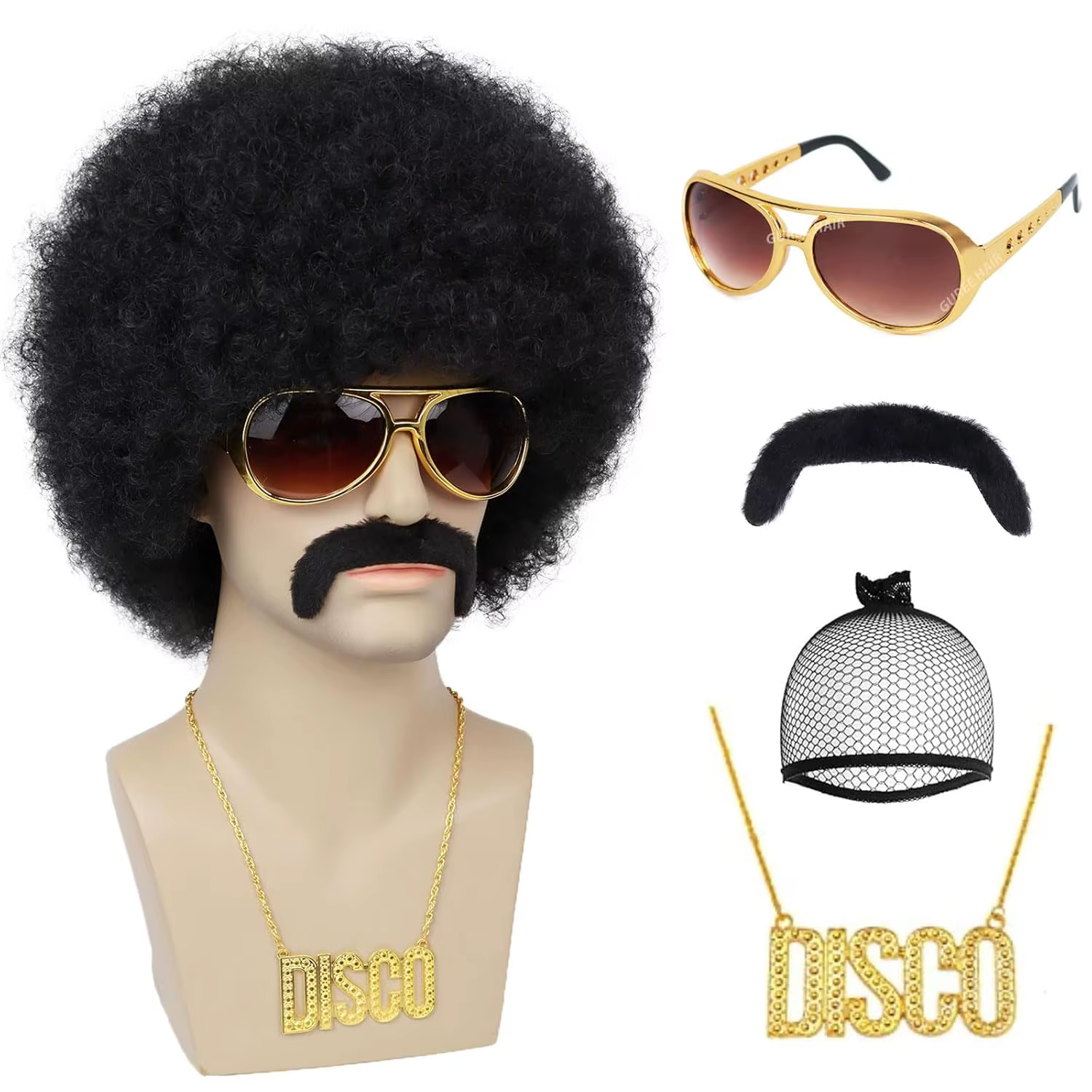 Perruque synthétique style disco rock des années 50 avec lunettes et collier, noire, pour homme, idé