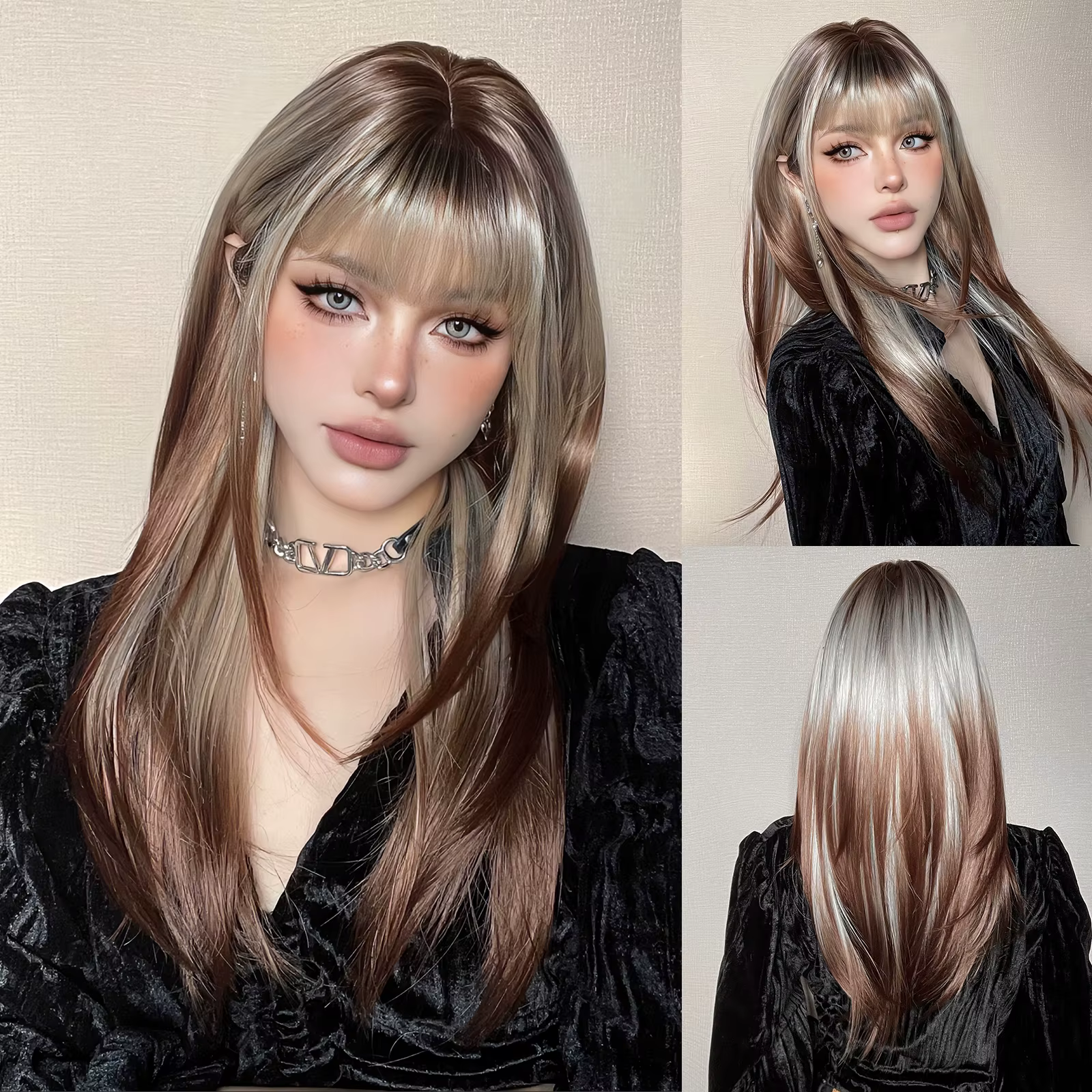 GEMMA-Perruque Synthétique Longue Droite Violet Foncé avec Frange, Perruques de Cheveux Lolita pour 