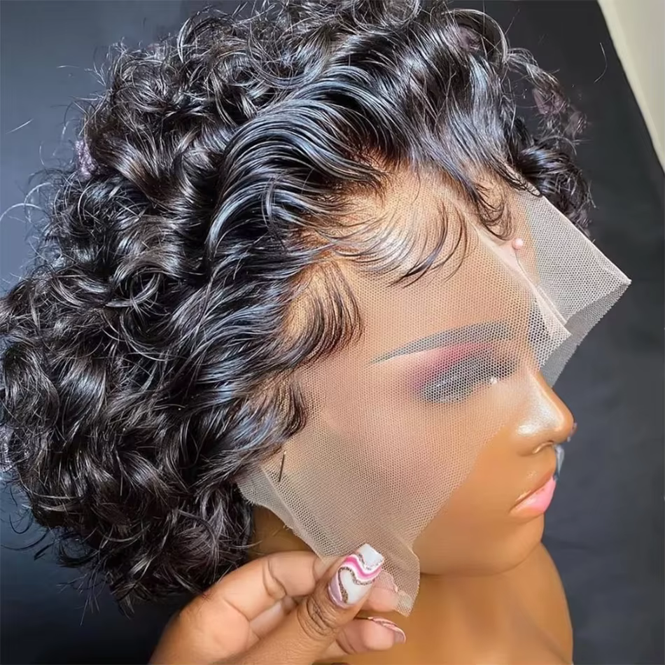 Perruque coupe lutin crépus bouclés perruque de cheveux humains miel blond bordeaux couleur courte b
