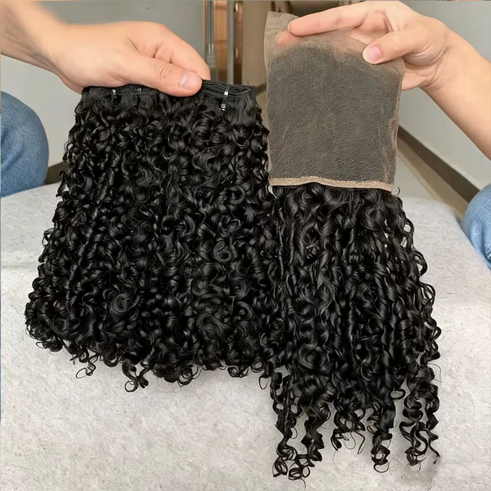 Lots de Cheveux Humains Bouclés Pixie Birmans en Gros avec Fermeture en Dentelle HD, Offre Spéciale