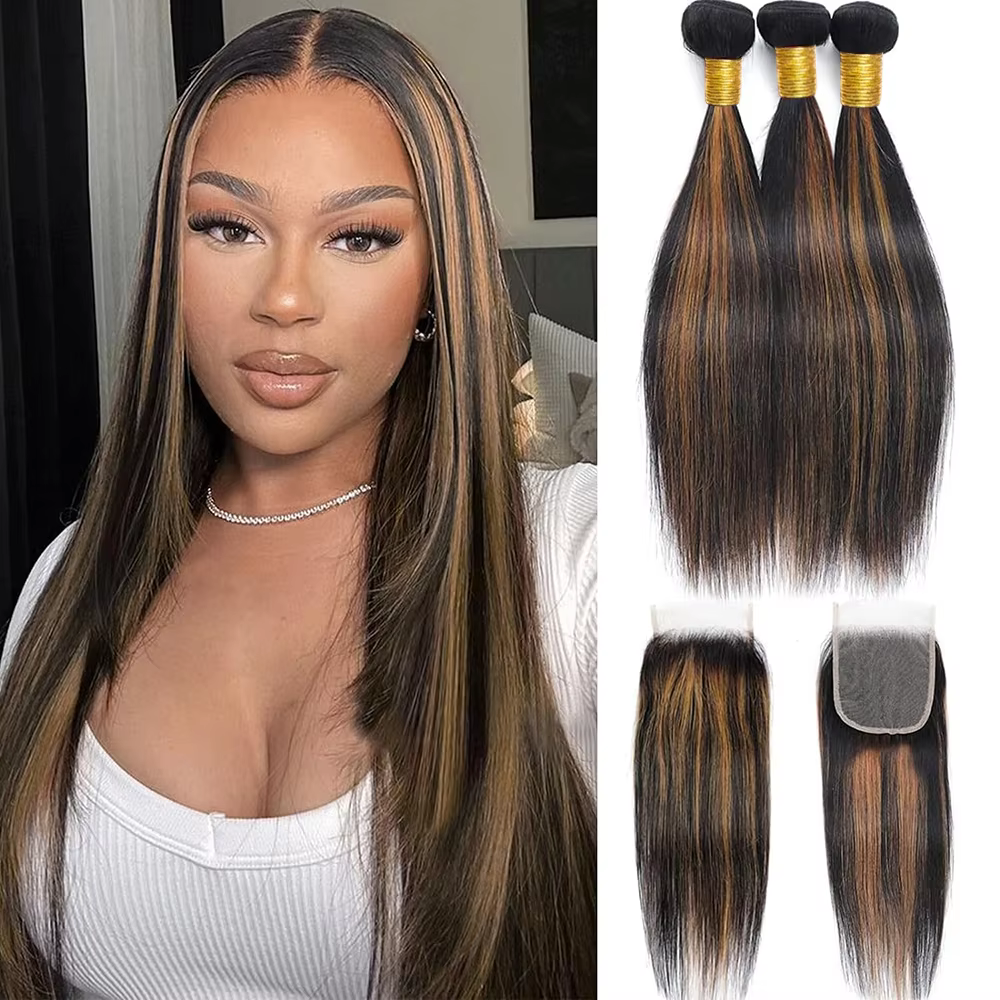 Mèches brésiliennes Remy lisses avec Closure 4x4, Trame de cheveux 100% birmans, Extension de cheveu