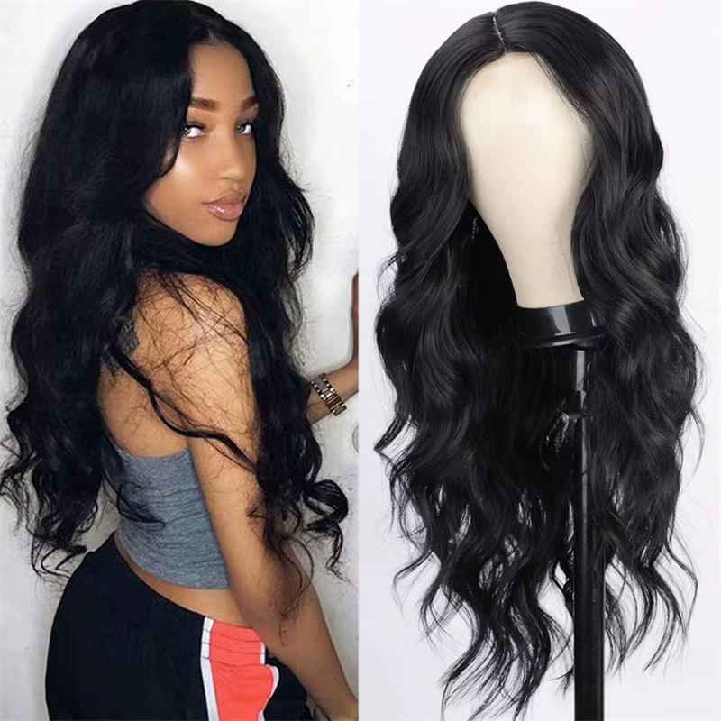 Perruque synthétique noire à la mode, grandes vagues, cheveux longs et bouclés, cheveux longs et moe