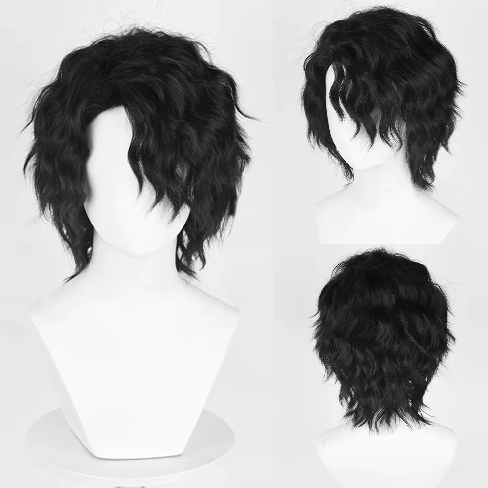 Perruque synthétique courte ondulée noire bouclée pour hommes, perruque de jeu animé Cosplay moelleu