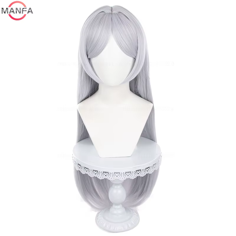 Perruque de Cosplay Frieren de haute qualité, perruques synthétiques blanches argentées de 85CM de L