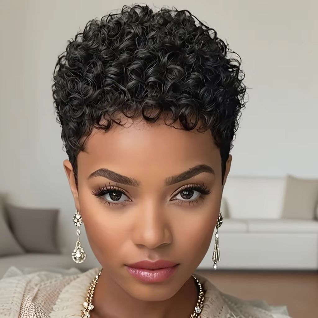 Perruques Afro courtes crépues bouclées perruque de cheveux humains coupe lutin Wi perruque courte p