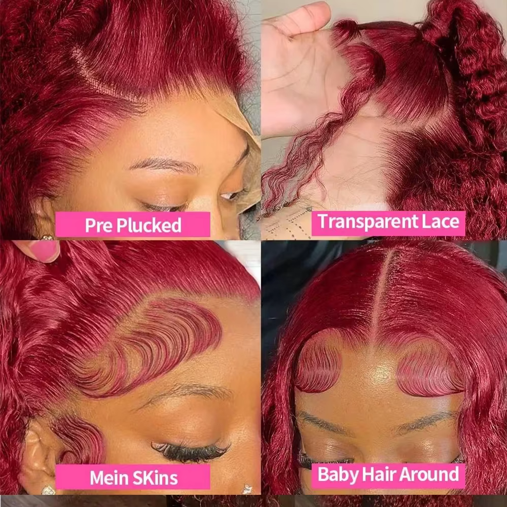 Perruque Lace Front Wig naturelle brésilienne ondulée, cheveux bouclés, bordeaux 99j, 13x6 Hd, Deep