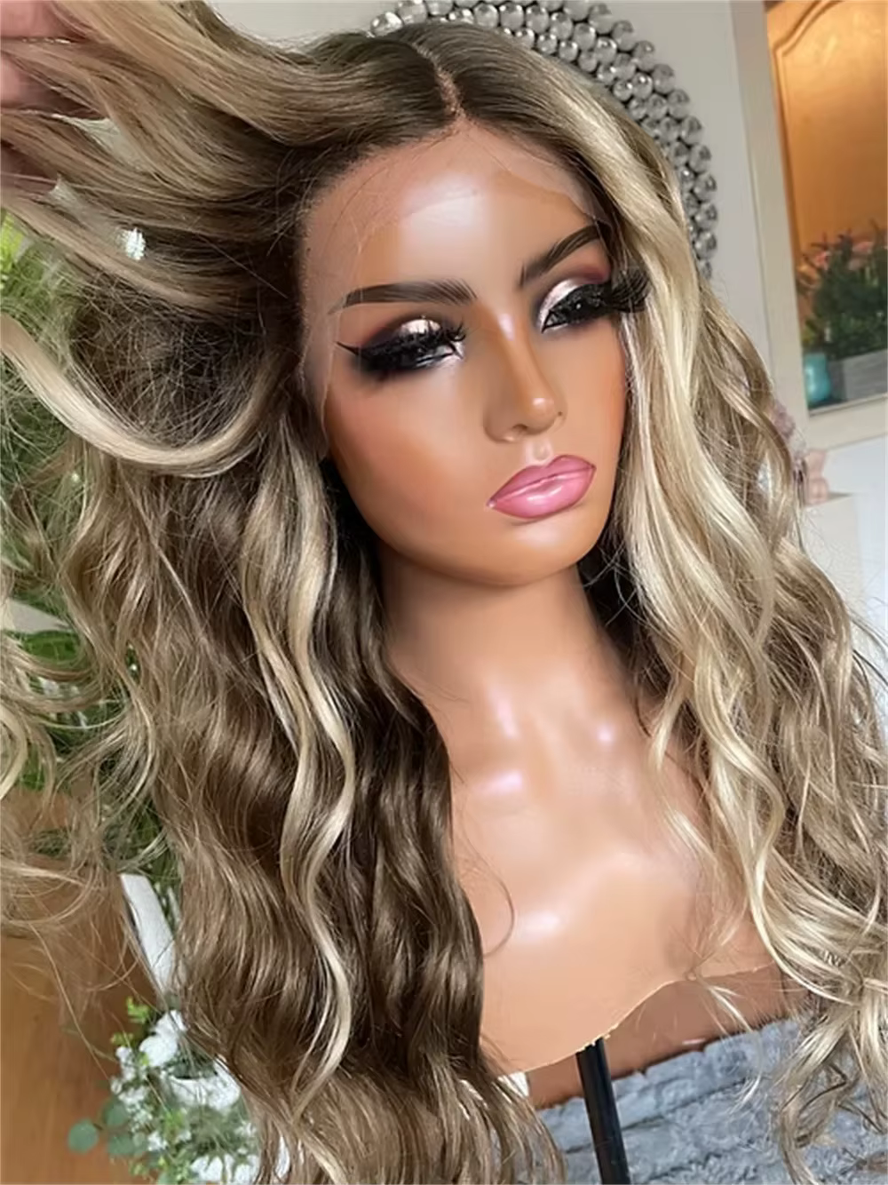 Perruque Lace Front Synthétique Ondulée Longue de 24 Pouces, Ombrée Blonde, Sans Colle, Pré-Pluckée