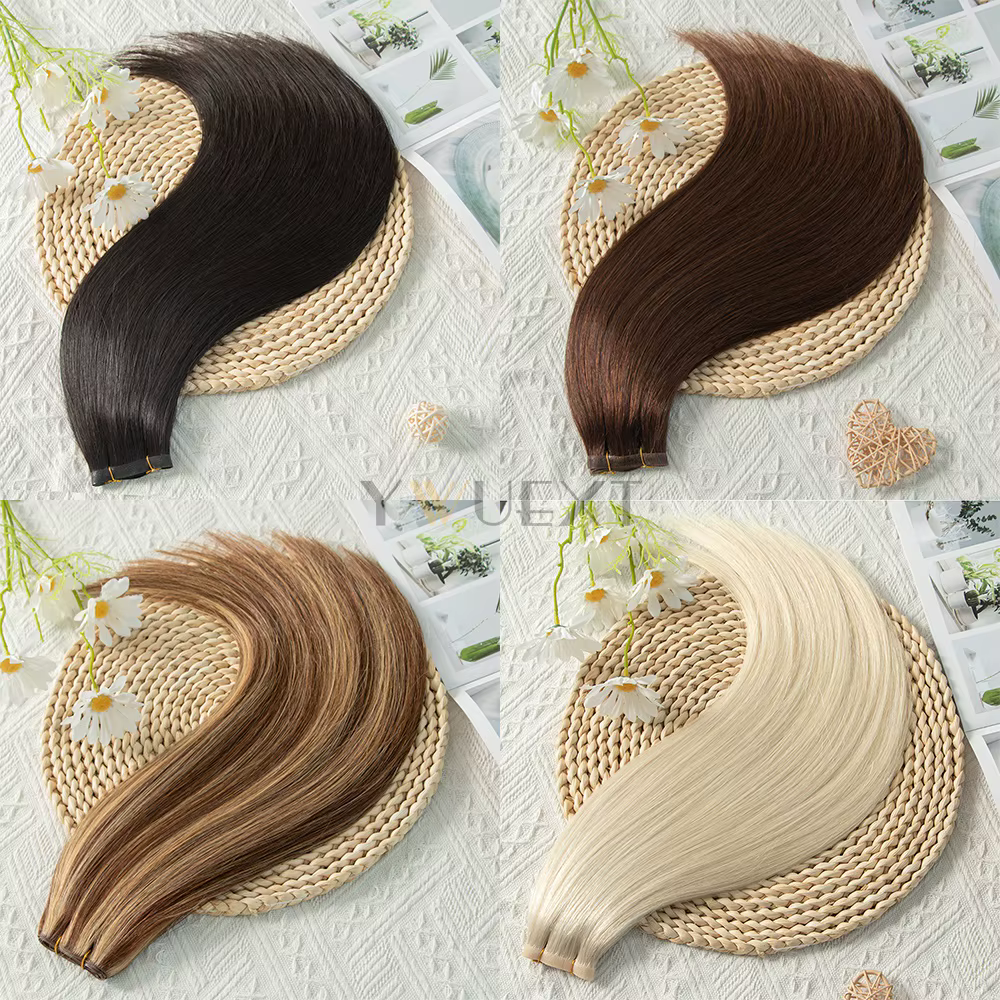 Faisceaux de cheveux de trame de peau en PU injectés, ruban long invisible, vrais cheveux naturels, 