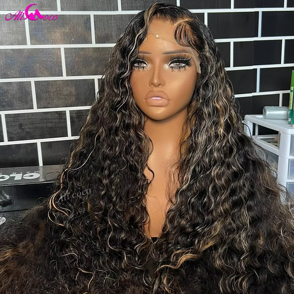 Perruque Lace Front Wig Naturelle Bouclée à Reflets, 13x6, 13x4, Balayage Coloré # 1b/27, Pre-Plucke