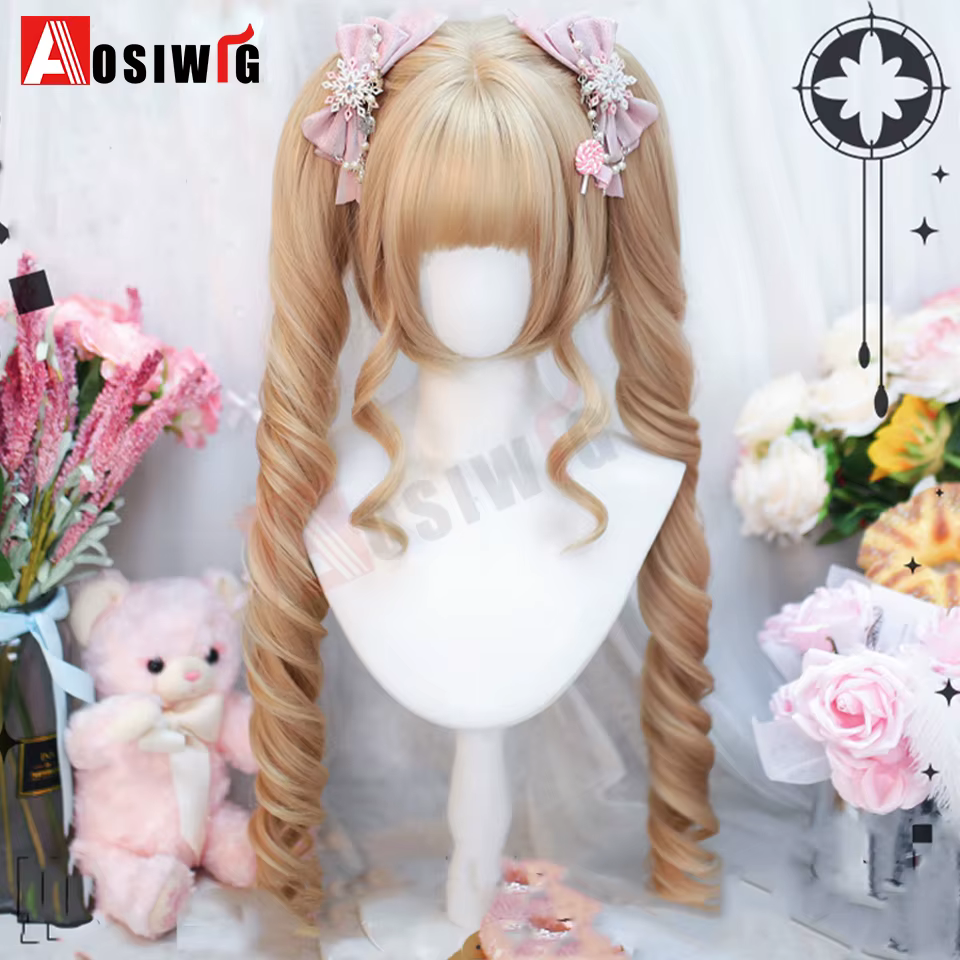 Perruque Lolita synthétique coupe princesse Double queue de cheval avec frange fille Ombre Blonde ma